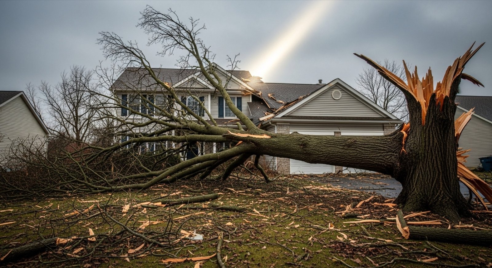 A storm-damaged tree resting on a West Michigan home after high wind